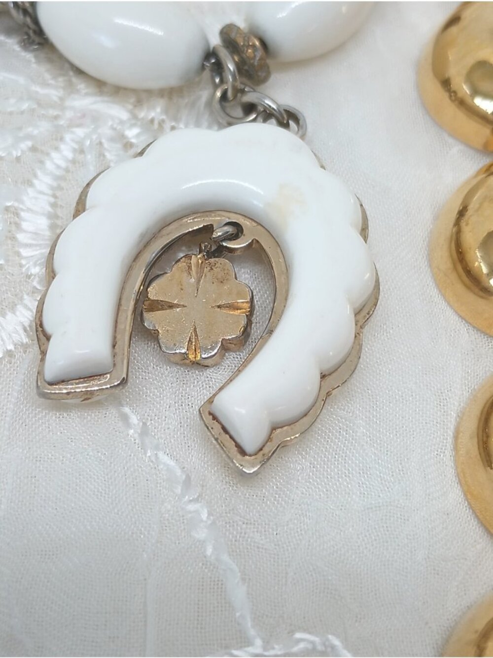 Vtg Monet Lot Bracelet Earring ~Gently loved Gold Half Sphere, White Lucky Charm - Picture 7 of 14